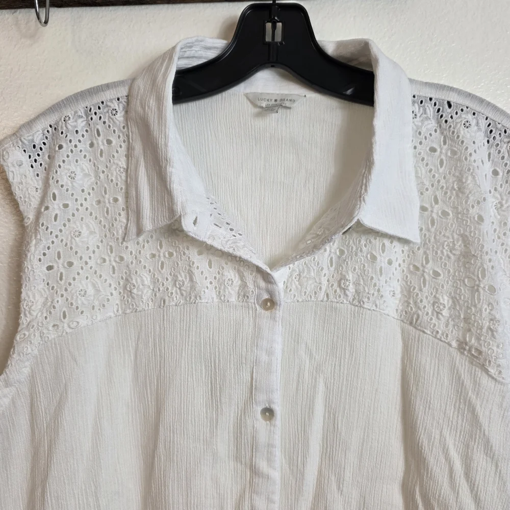 Lucky Brand Top Gauzy Eyelet Cutout Semi Sheer Button Down XLarge Shirt Boho - Picture 10 of 15